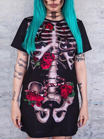 Airchics halloween t-shirt squelette rose motif col rond femme cosplay noir